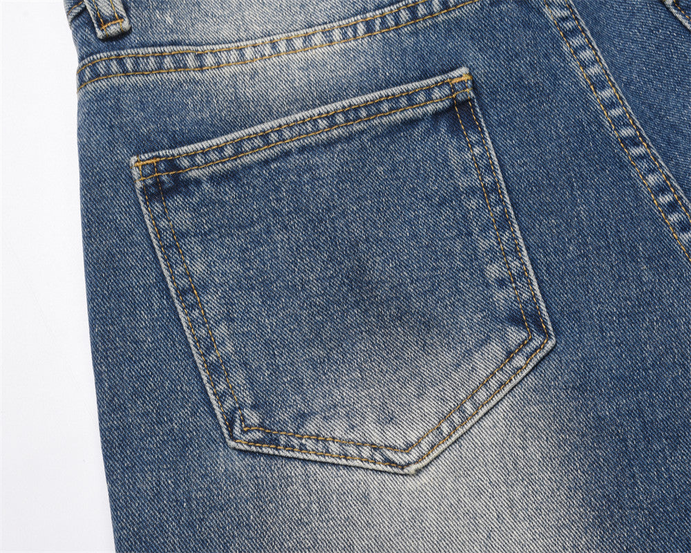 Washed White Pleated Straight Jeans For Men