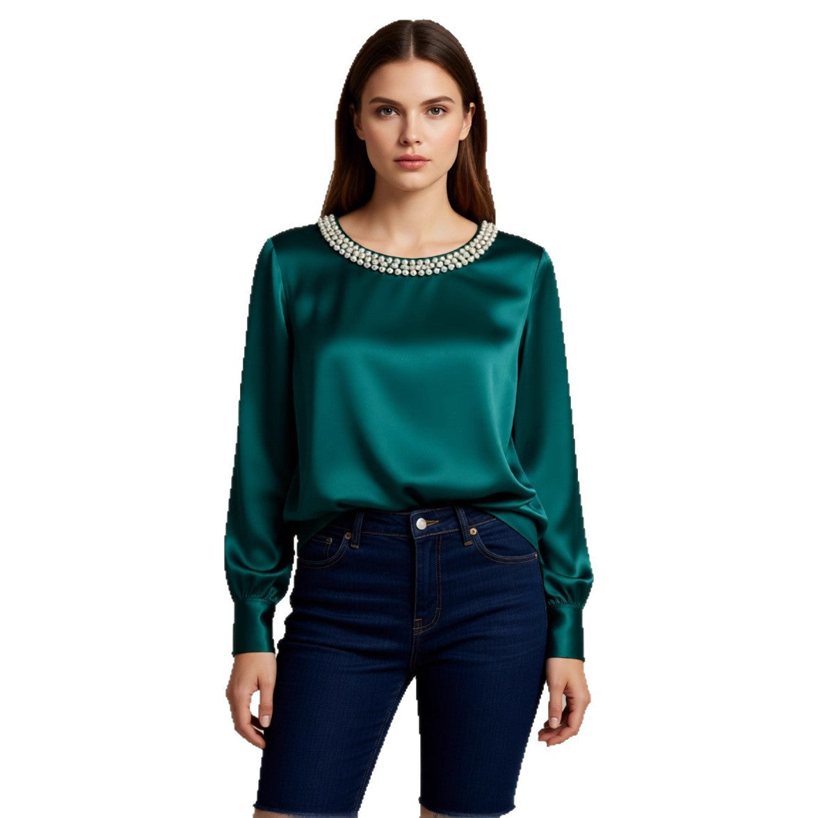 Womens French-style Sophisticated Pearl-collared Satin Blouse