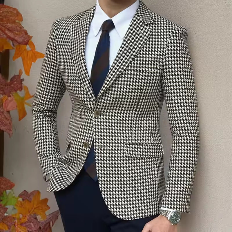 Mens Slim-Fit Single-Breasted Suit In A Fashionable Houndstooth Pattern