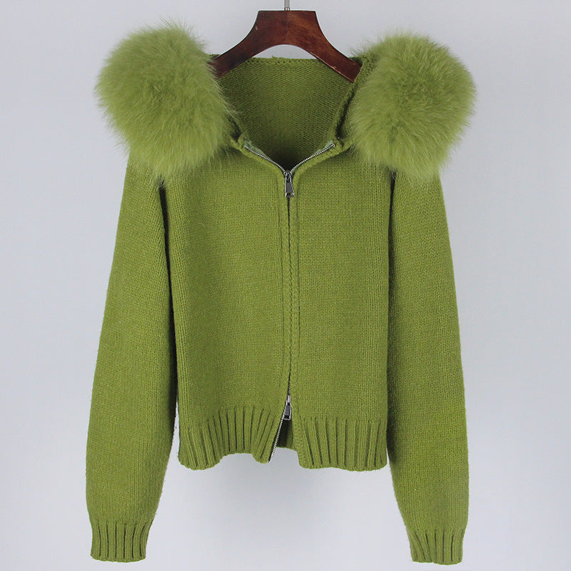 Zipper Real Fox Fur Collar Hooded coat