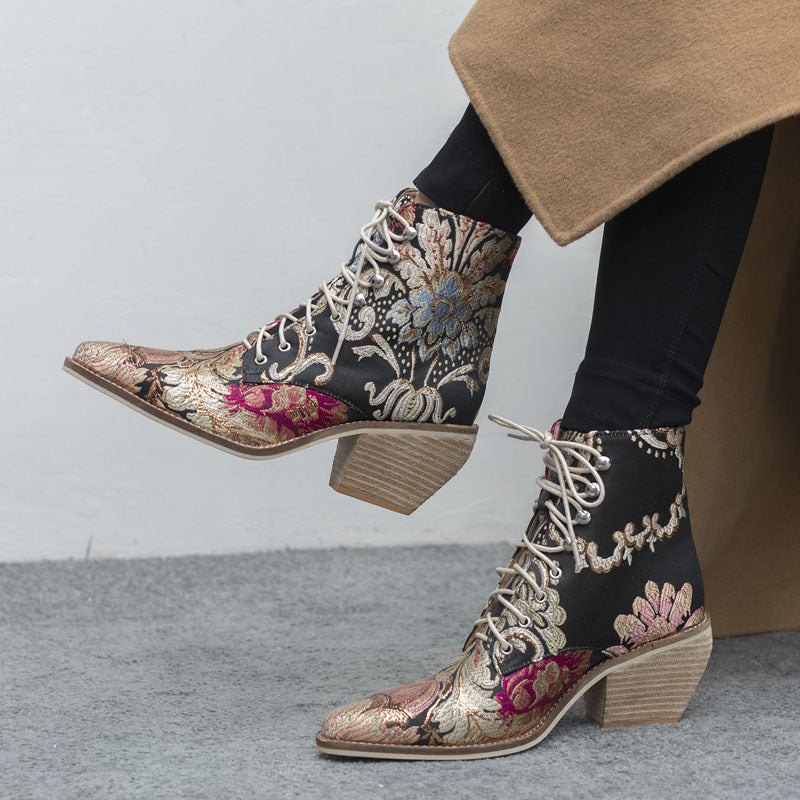 Embroidered Wood-woven Thick-heeled Short Boots