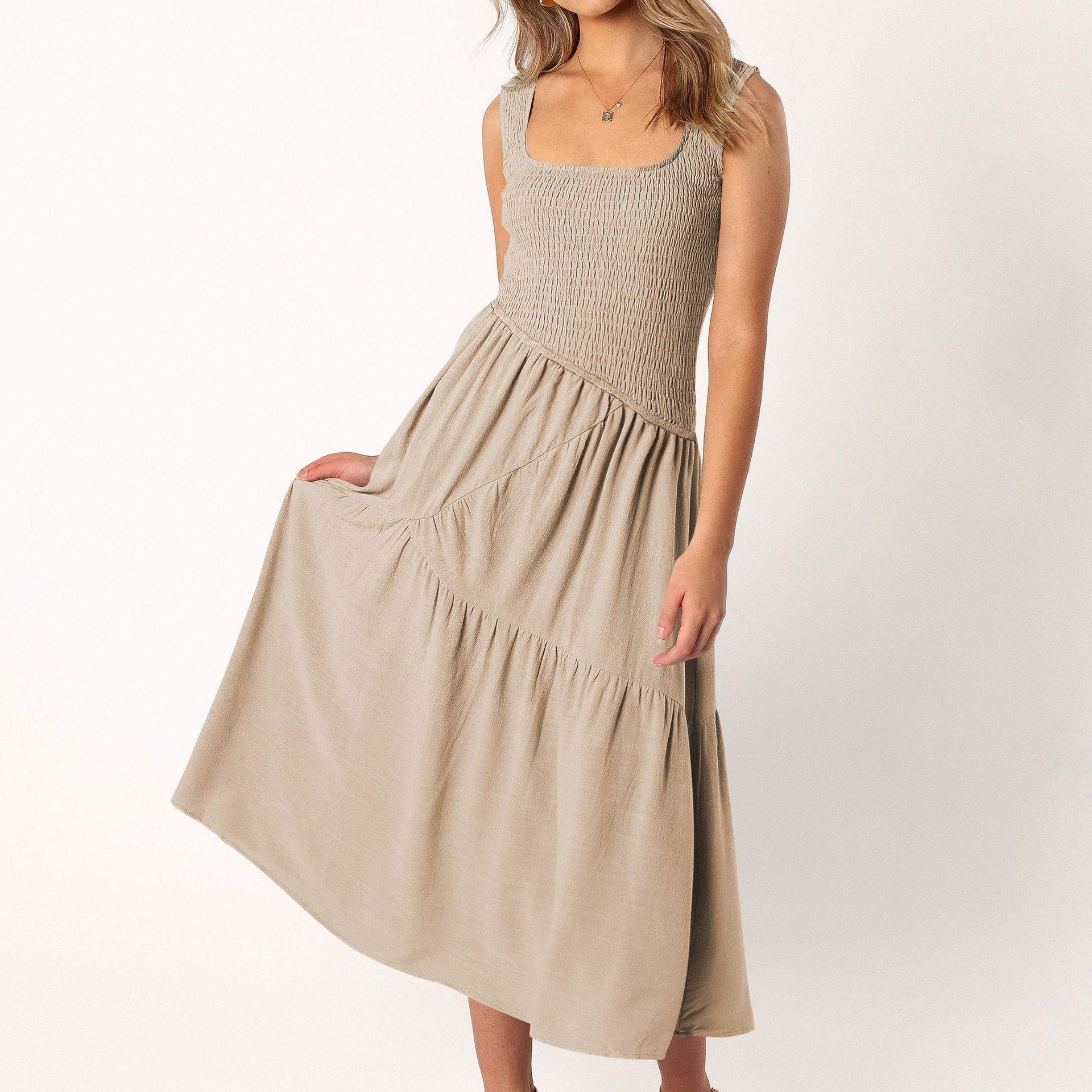 Embroidered Smocked Puff-Sleeve Maxi Dress Ivory