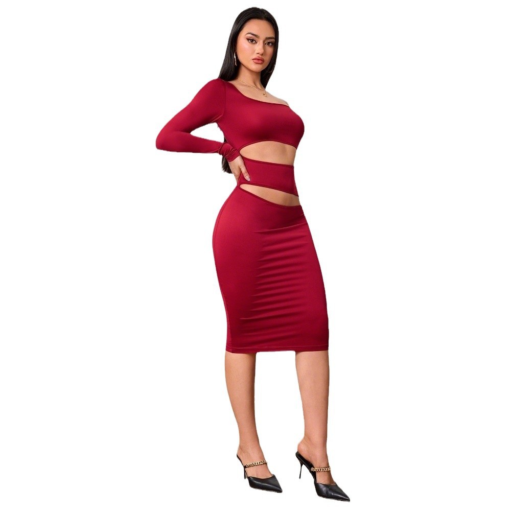 Women's Wine Red Socialite Style Dress New Autumnwinter Single-sleeve Midi Dress