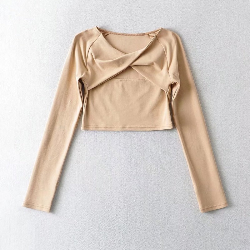 Long Sleeve Slim Fit Women's T-Shirt Cross Knotted Neckline