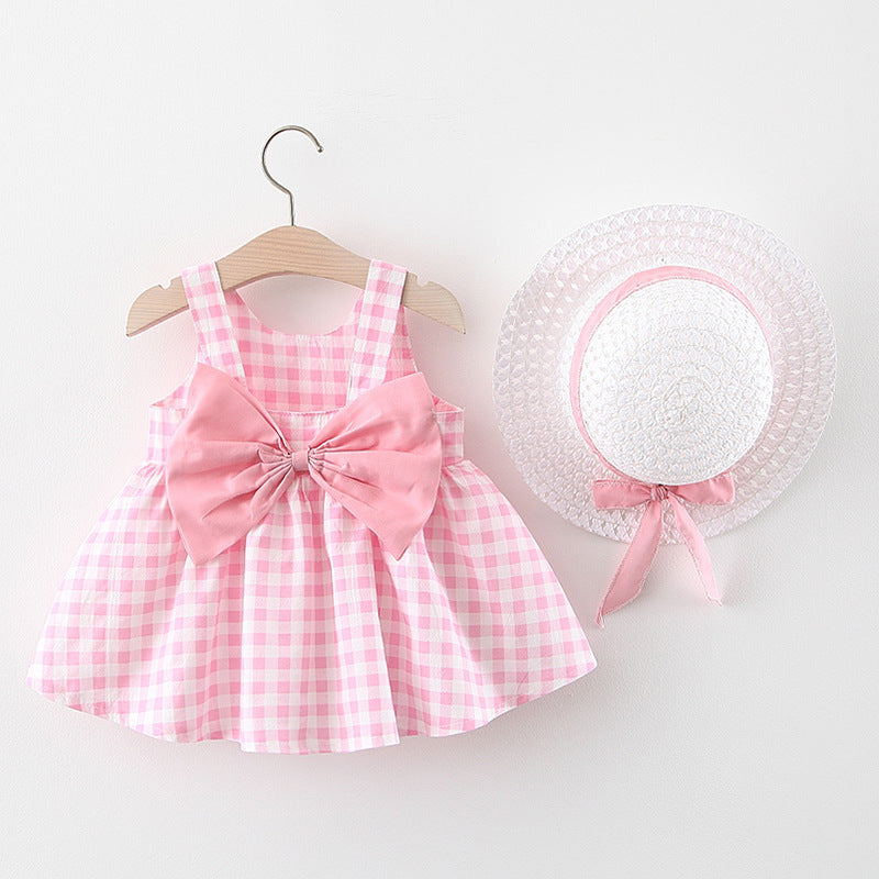 Baby Girl Plaid Skirt with  Straw Hat