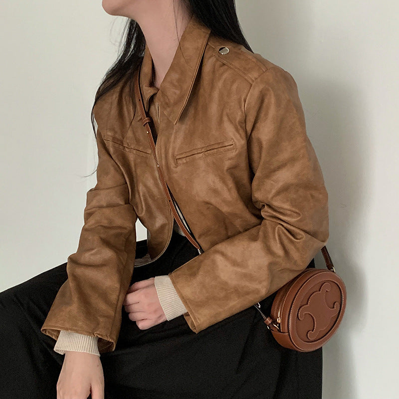 Women's  Lapel Long-sleeved Leather Jacket
