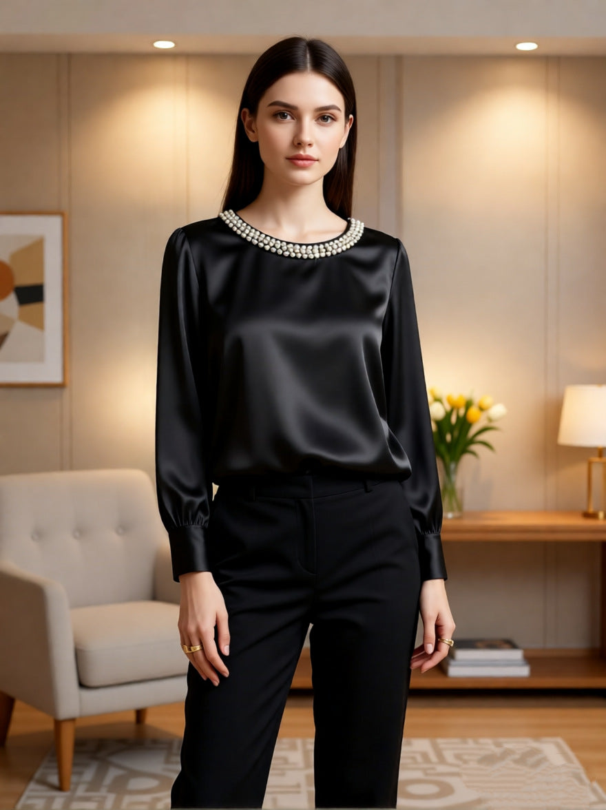 Womens French-style Sophisticated Pearl-collared Satin Blouse