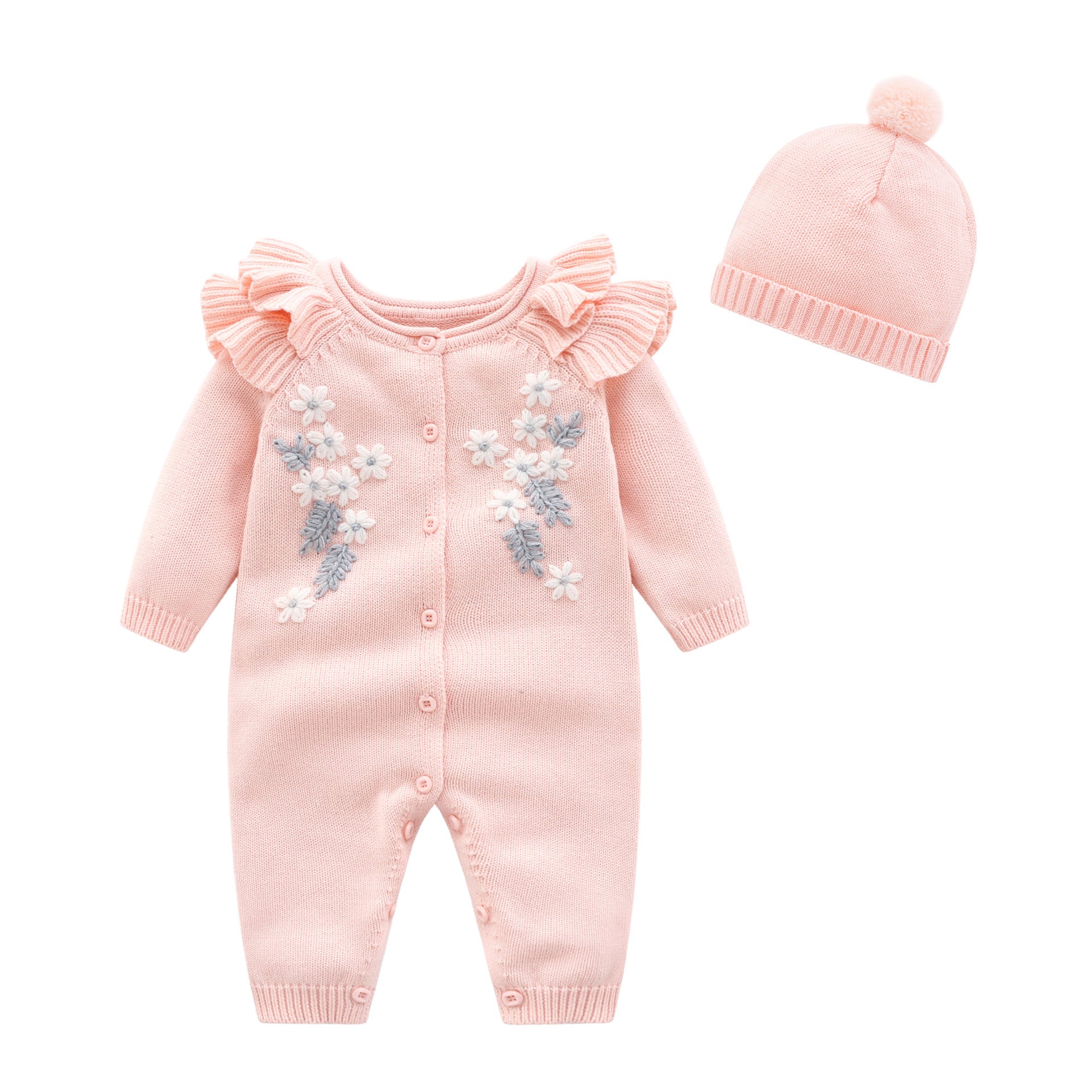 Embroidered Flower Knit Romper Long Sleeve  Jumpsuit