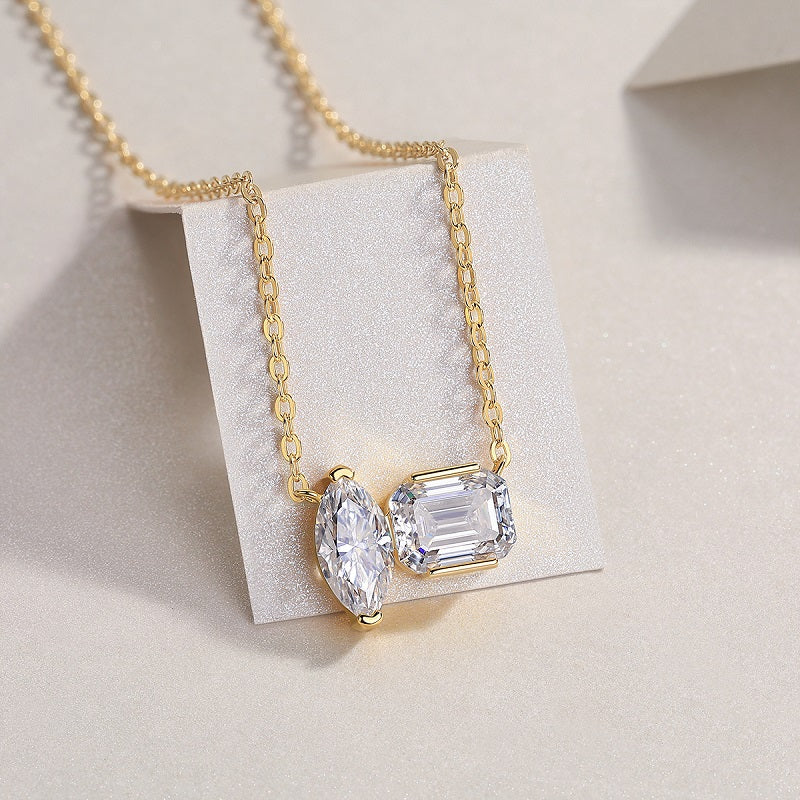 Double Diamond Shadow Moissanite Necklace – S925 Silver Gold Plated