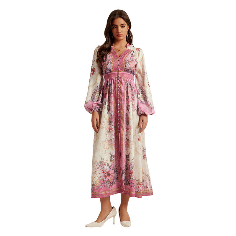 Special Interest Design Style V-neck Vintage Printed Maxi Dress For Women