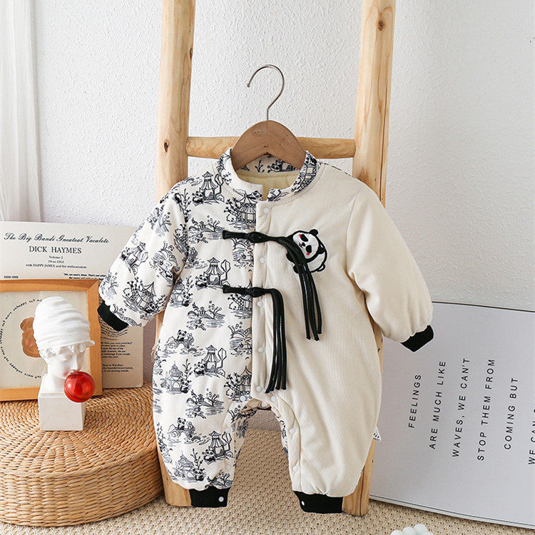 Baby Autumn And Winter Onesie Newborn Chinese Wind Panda Go Out Clothes Plus Velvet Thickened Romper