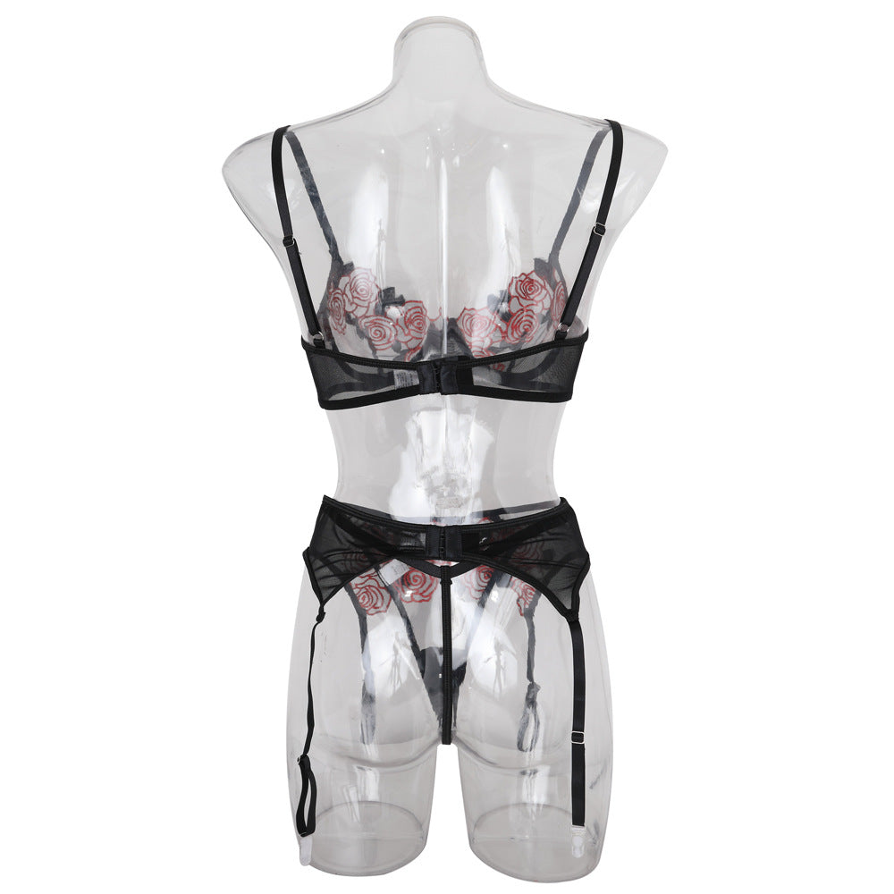 Rose Embroidery Mesh See-through Garter Three-piece Set