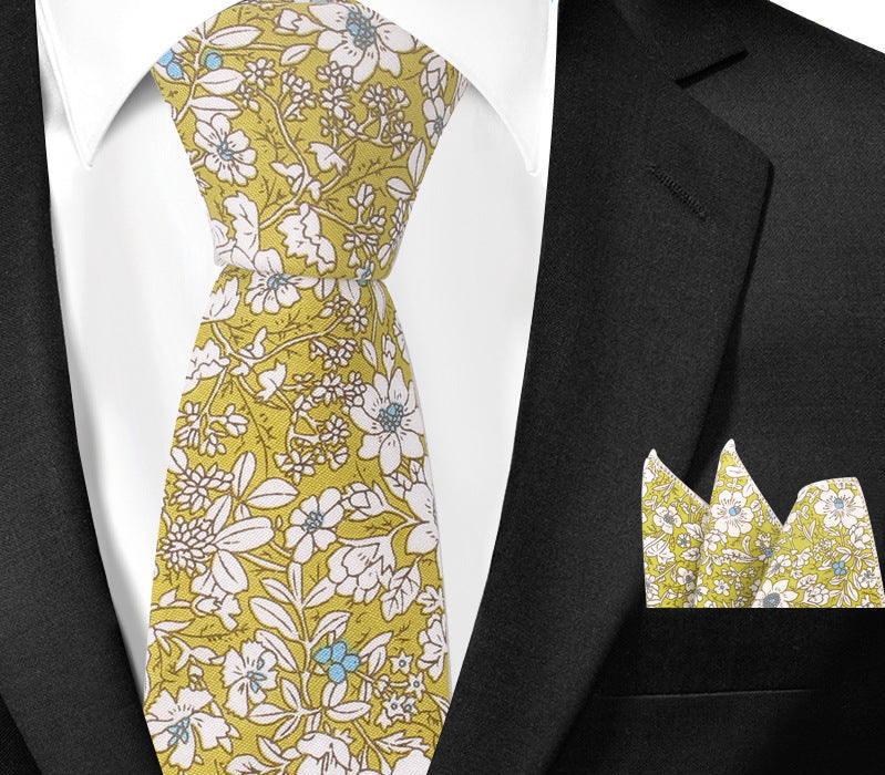Casual Cotton Floral Print 6cm Casual Tie Pocket Square Suit
