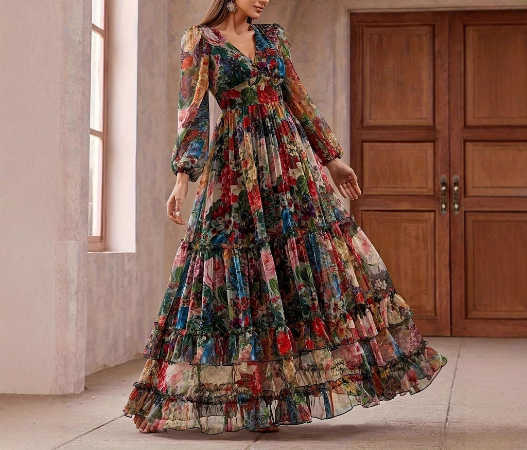 Printed Long-sleeve Puffed-sleeve Belted Maxi Dress