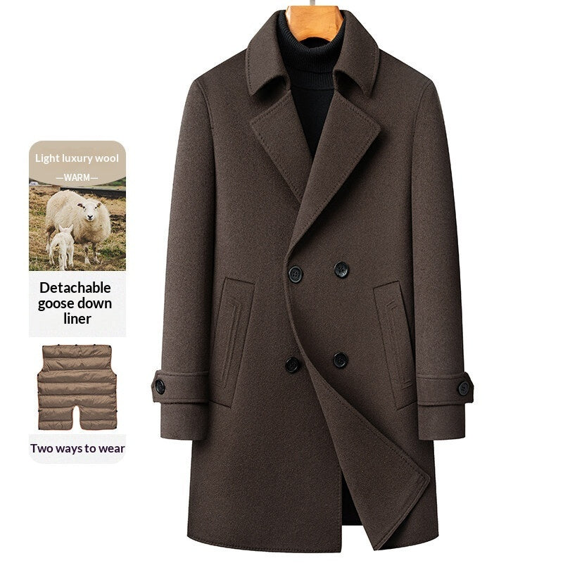 Arrival Long Double-Faced Wool Coat With Detachable Goose Down Lining And Double-Breasted Design