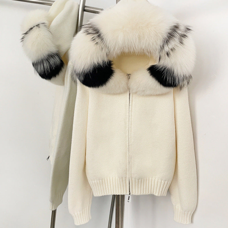 Zipper Real Fox Fur Collar Hooded coat