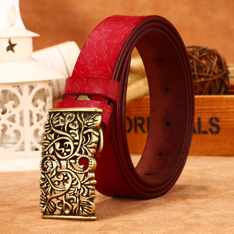 Leather Engraved With Hollow Buckle Printed Cowhide Belt