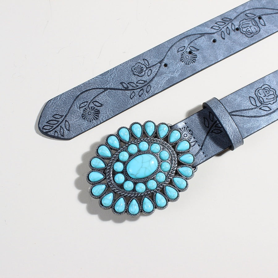 Flow New Rose Pattern Printed Green Pine Beads Alloy Buckle Belt