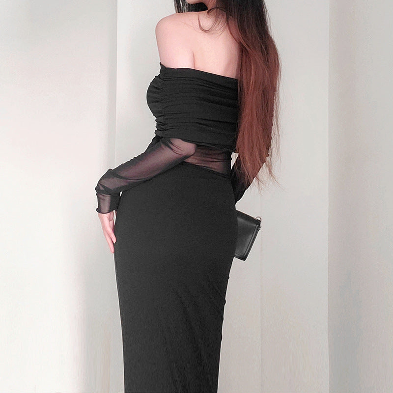 Women's  Off-the-shoulder Pleated Long Sleeve Polyester Dress