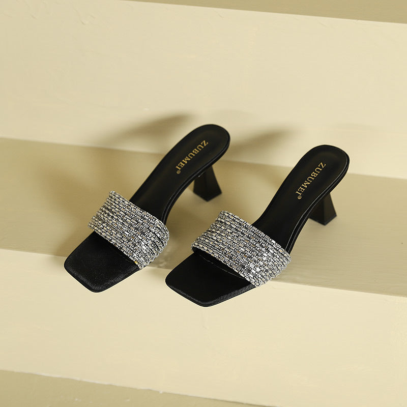 Square Toe Wine Cup Heel Rhinestone Silippers