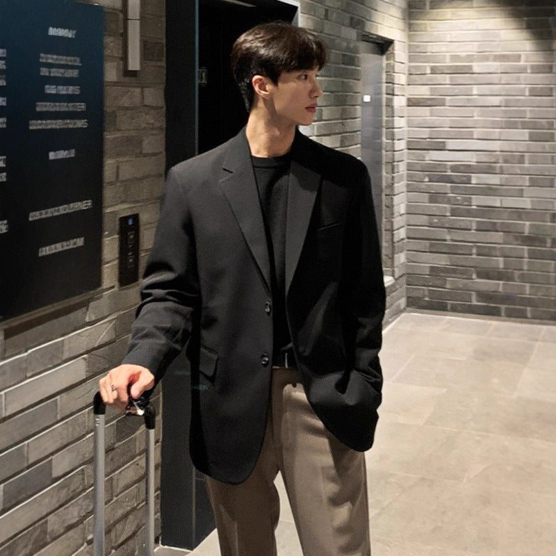 Men's Autumn Loose-Fit Black Single-Breasted Suit Jacket