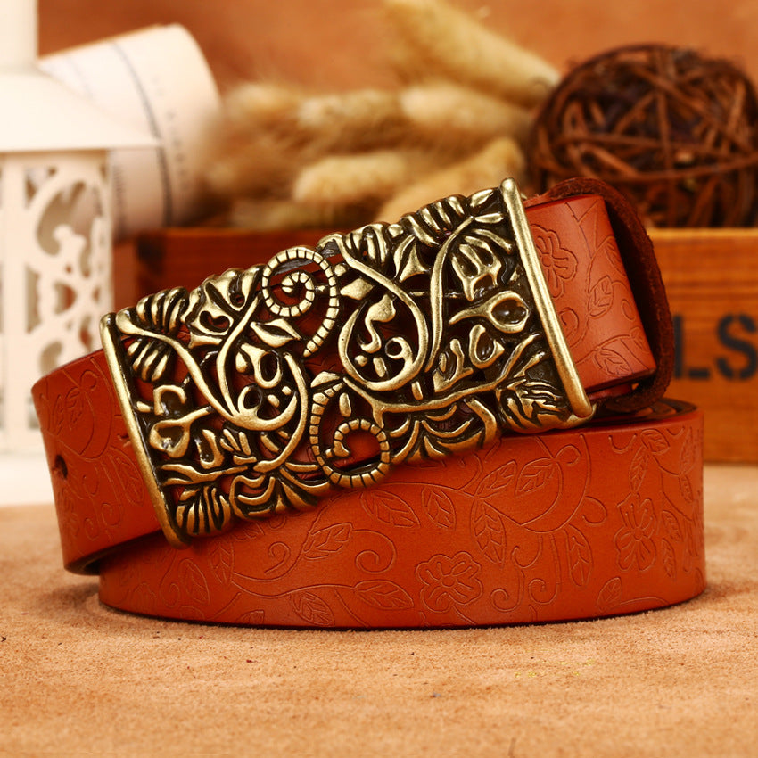 Leather Engraved With Hollow Buckle Printed Cowhide Belt