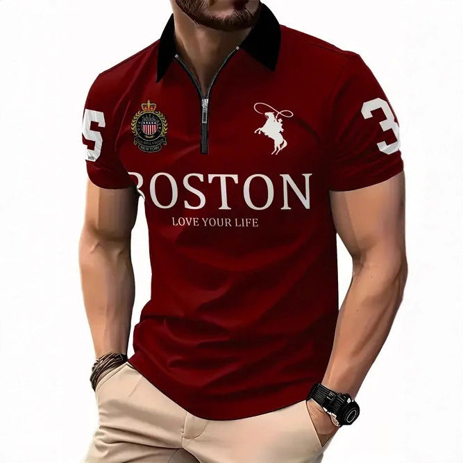 Summer High-End Business Streetwear 3D Digital Print Lapel Mens Zip-Up Polo Shirt