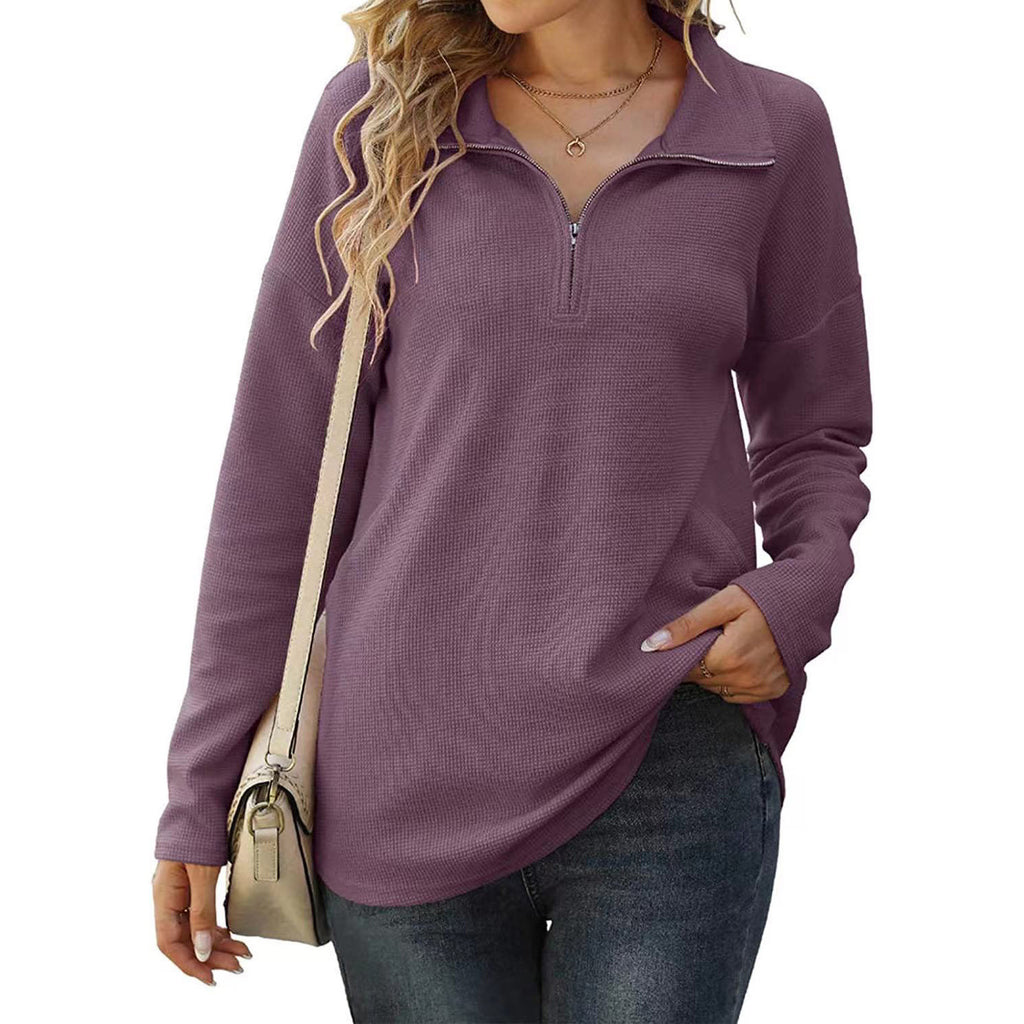 New Women's Loose Zip Pocket Knitwear Long Sleeve T-shirt Top