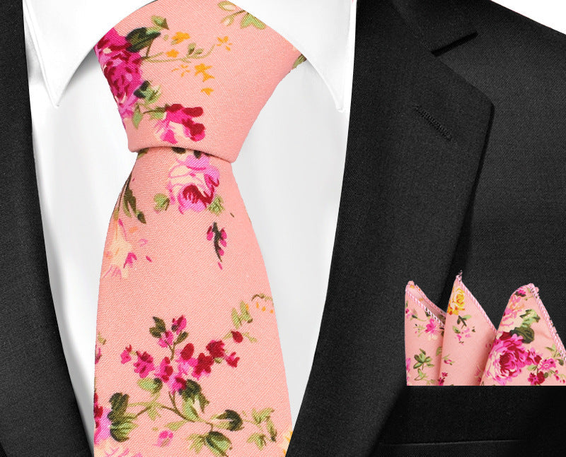 Casual Cotton Floral Print 6cm Casual Tie Pocket Square Suit