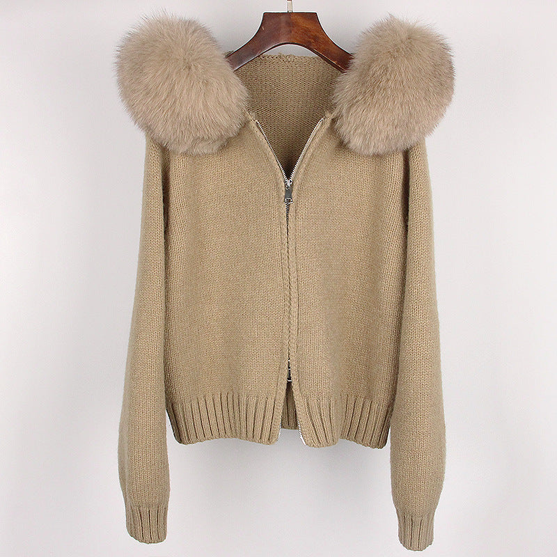 Zipper Real Fox Fur Collar Hooded coat