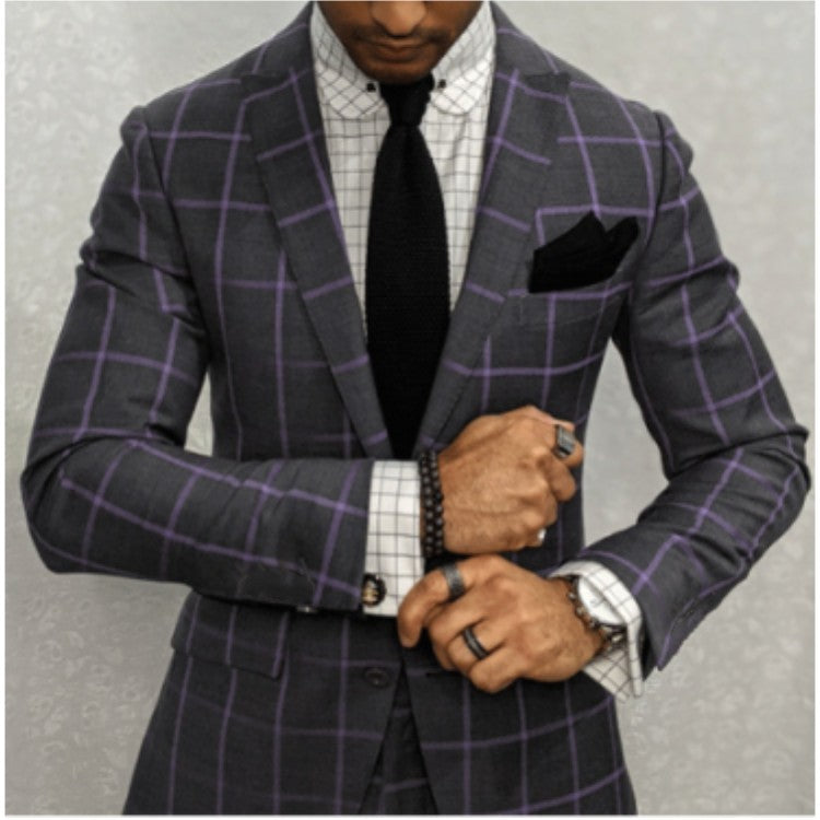 Mens Casual Plaid Slim-fit Suit Jacket
