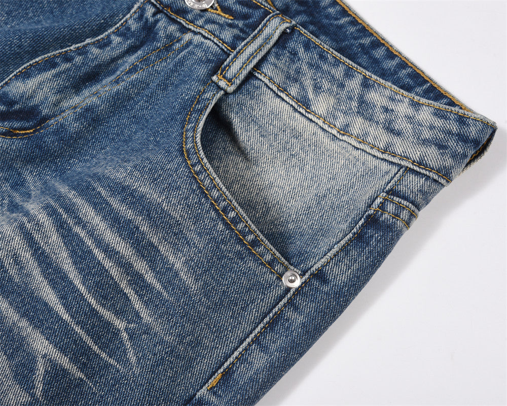 Washed White Pleated Straight Jeans For Men