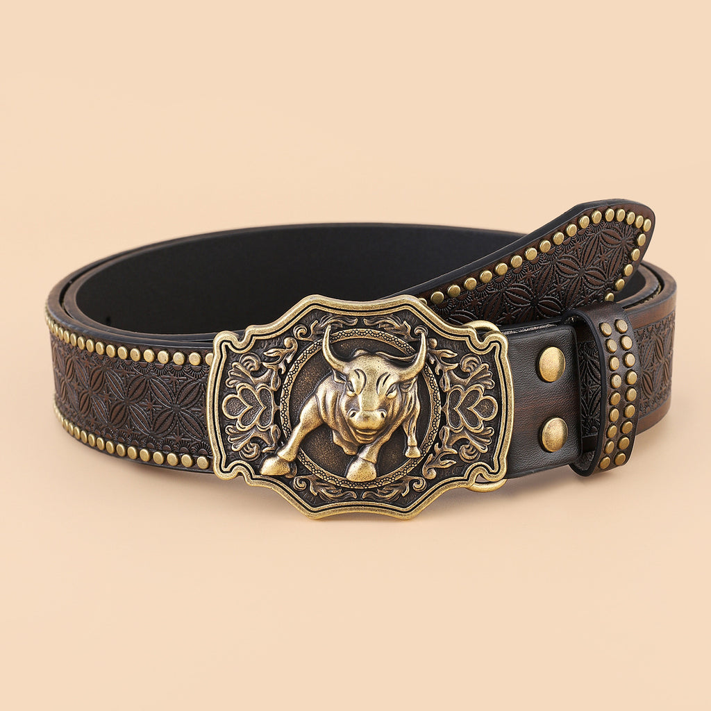 Retro Embossing Rivet Bullhead Big Plate Buckle Belt