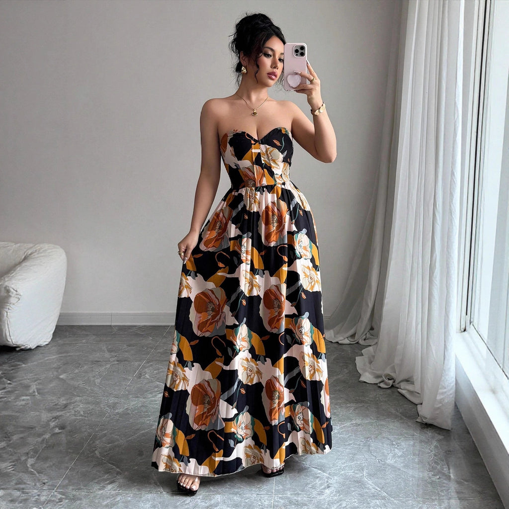 Women's Printed Pleated Sleeveless Tube Maxi Dress
