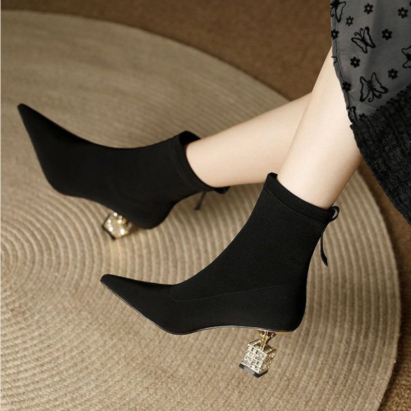 Pointed Toe Mid-calf High-heeled Skinny Boots