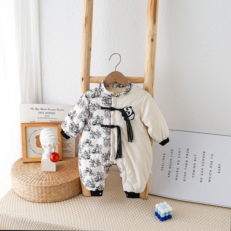 Baby Autumn And Winter Onesie Newborn Chinese Wind Panda Go Out Clothes Plus Velvet Thickened Romper