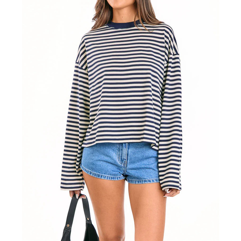 Round-neck Cotton Long-sleeve Striped T-shirt