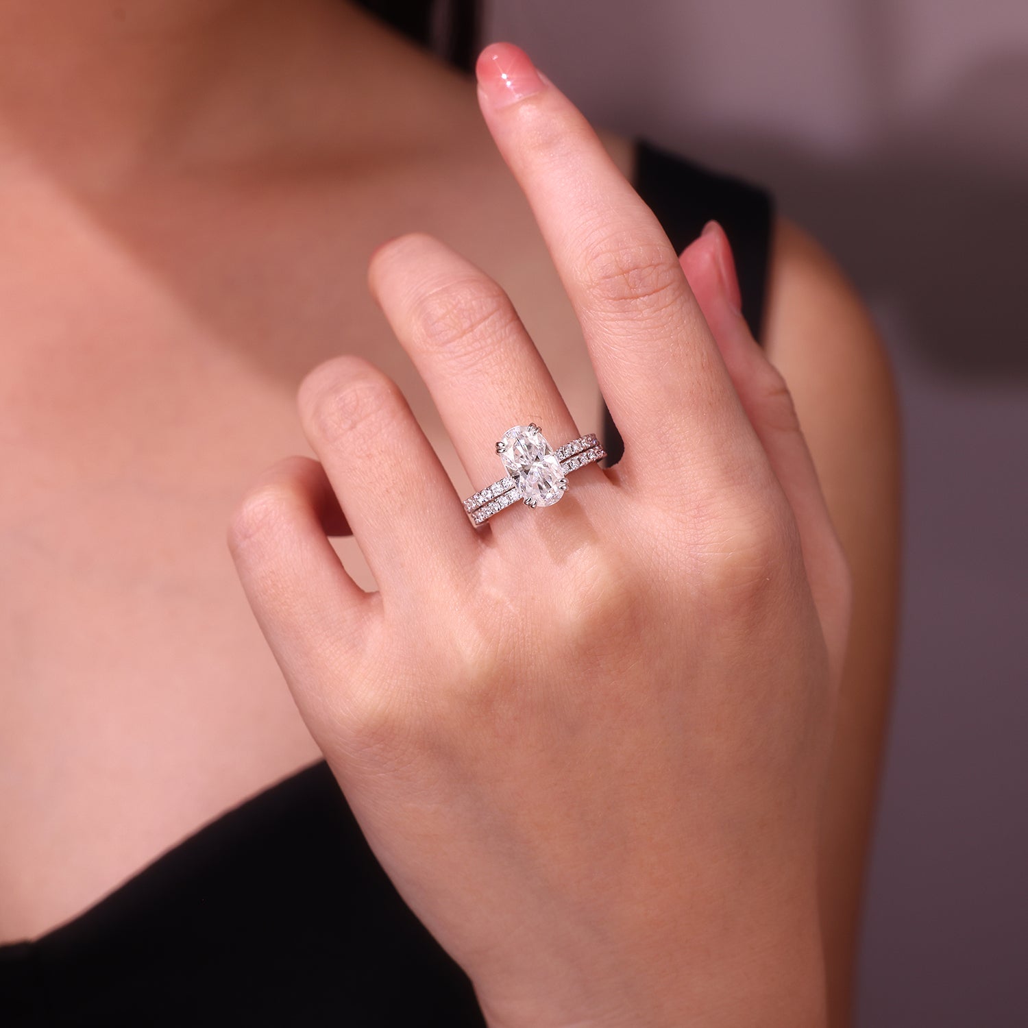 Egg-shaped Moissanite Double Rings Set With Top-quality Moissanite Luxury, Fashionable And Light Luxury Jewelry Silver Ring S925 Silver Plated With Platinum