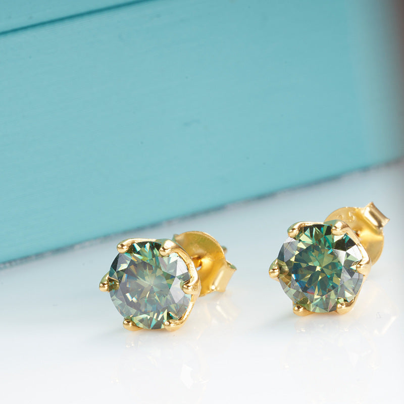 S925 Silver 1 Karat D Color Moissanite Stud Earrings Blue Green Gold