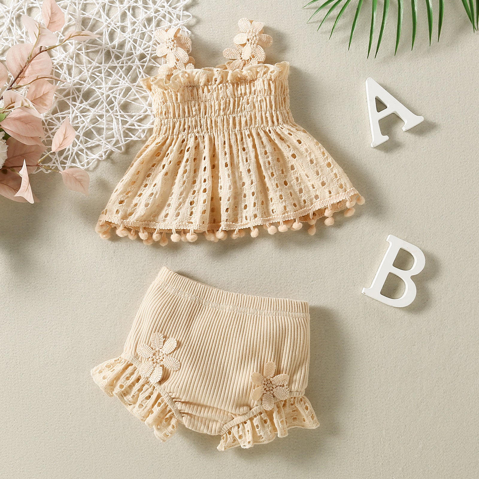 Cotton Mesh High Temperature Dyed Apricot Lace Hanging Doll Shirt Ten Shorts Baby Girl Infant Fashion Two-piece Suit