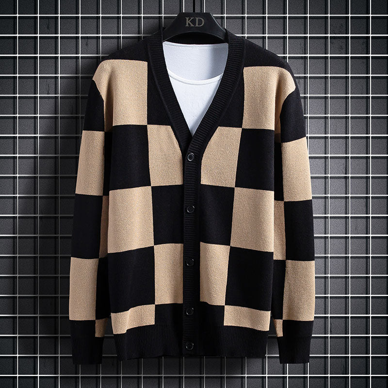 Plaid Men's Knitted Sweater Cardigan Outer Wear Spring And Autumn Coat