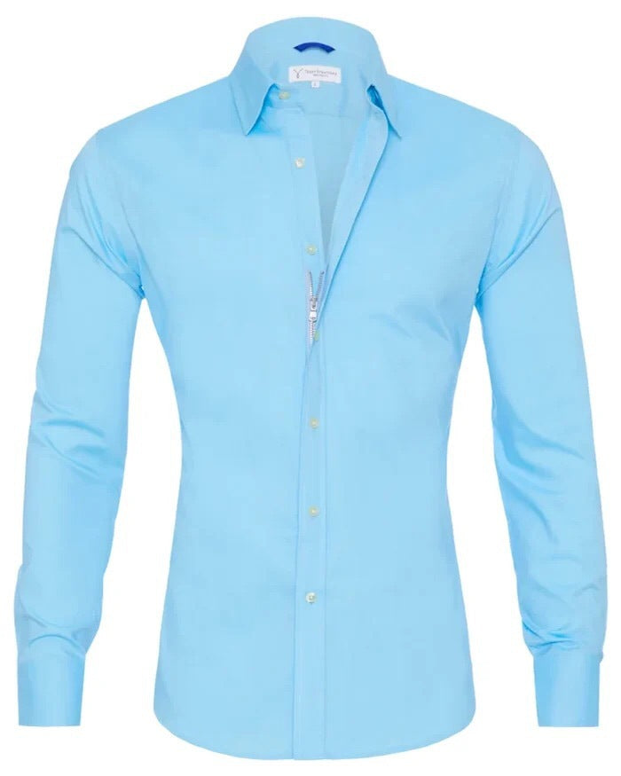 Men Hidden Zipper Oxford Shirt – Cotton Blend Long Sleeve