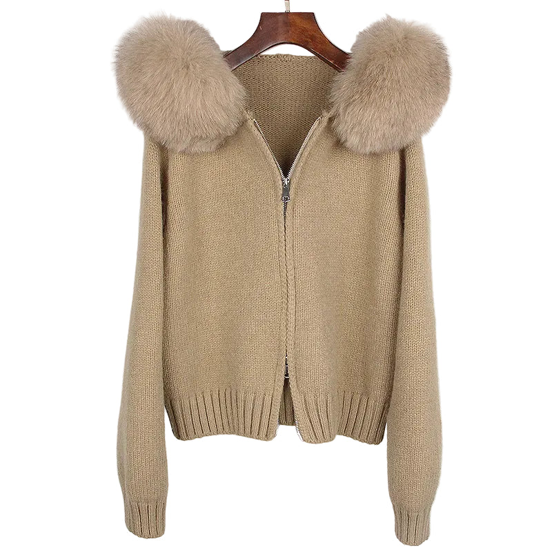 Leisure Hooded Real Fox Fur Collar Sweater Outer Fur Coat