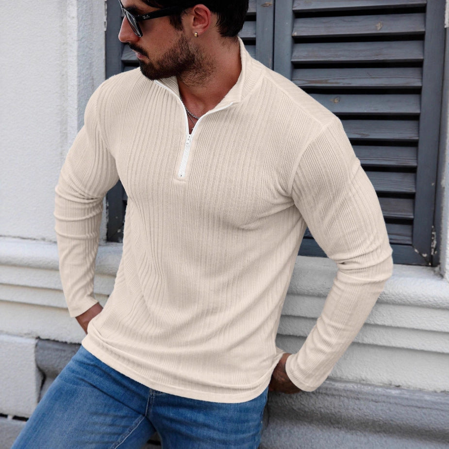 Casual Stand-up Collar Pullover Slim-fit Solid-color Ribbed Long-sleeve Hoodie