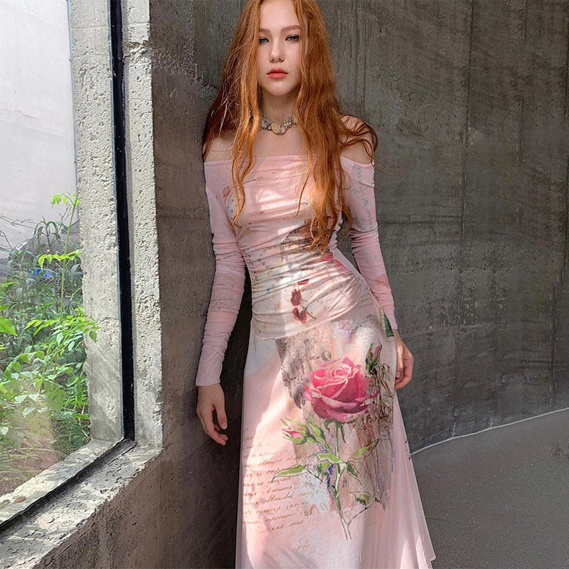 One-shoulder Long-sleeved Printed Maxi Dress