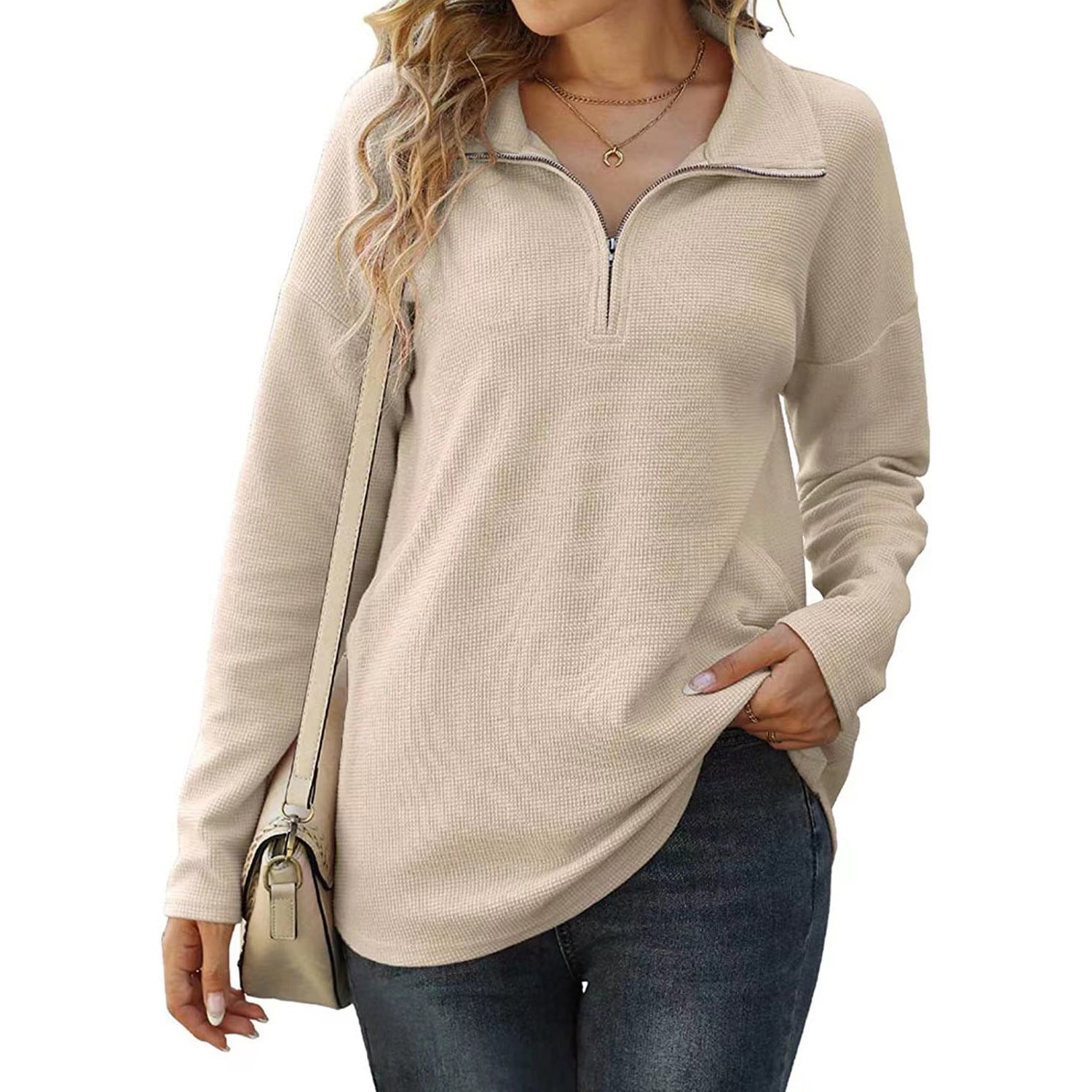 New Women's Loose Zip Pocket Knitwear Long Sleeve T-shirt Top