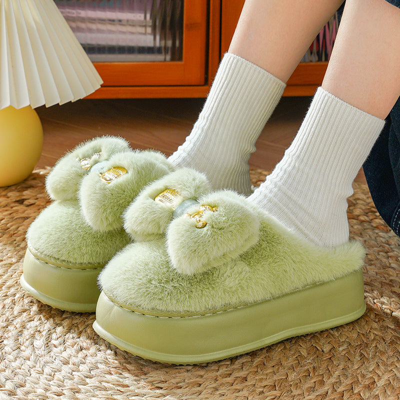 Thick-soled Cotton Slippers Women's Winter Bowknot Plush