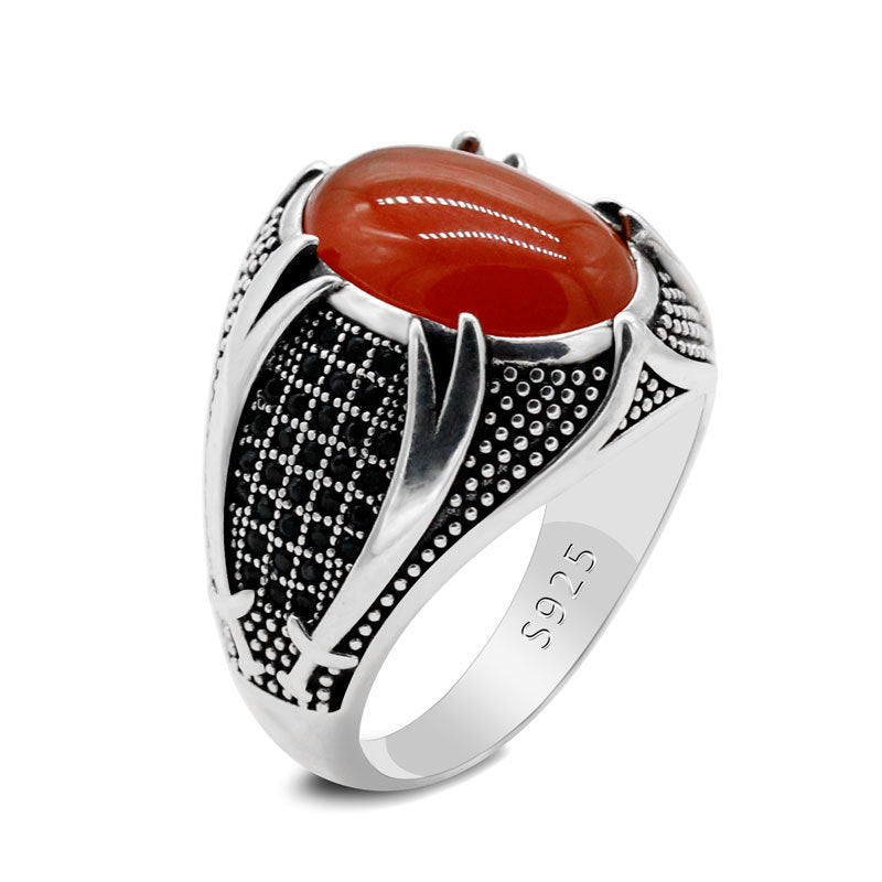 Fashionable Men's Ring With Black Gemstones In Metal