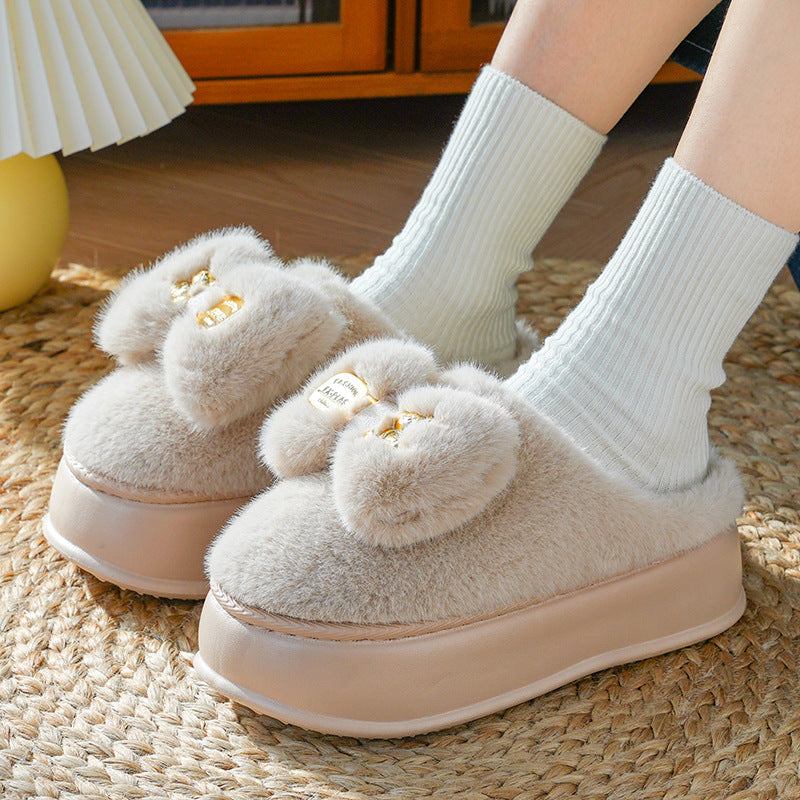 Thick-soled Cotton Slippers Women's Winter Bowknot Plush