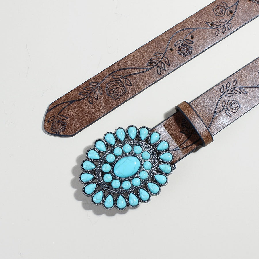 Flow New Rose Pattern Printed Green Pine Beads Alloy Buckle Belt